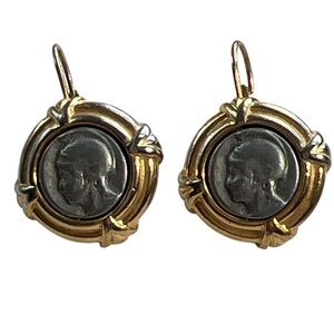 Vintage Gold Tone Roman Soldier Coin Intaglio Clip On Earrings